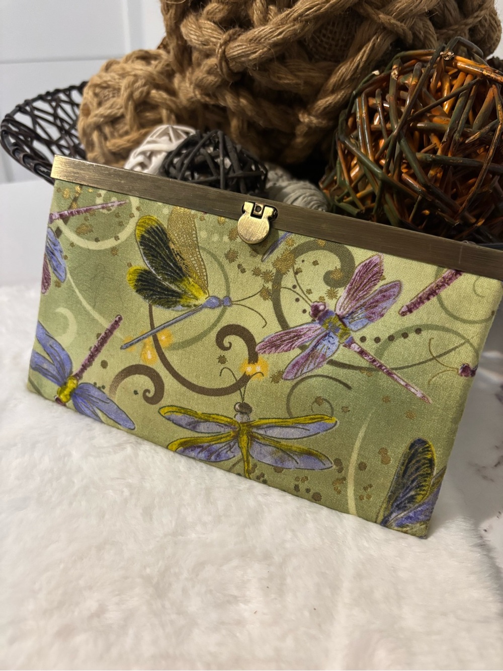 Green Dragonfly Floral Clutch with Gold Accents